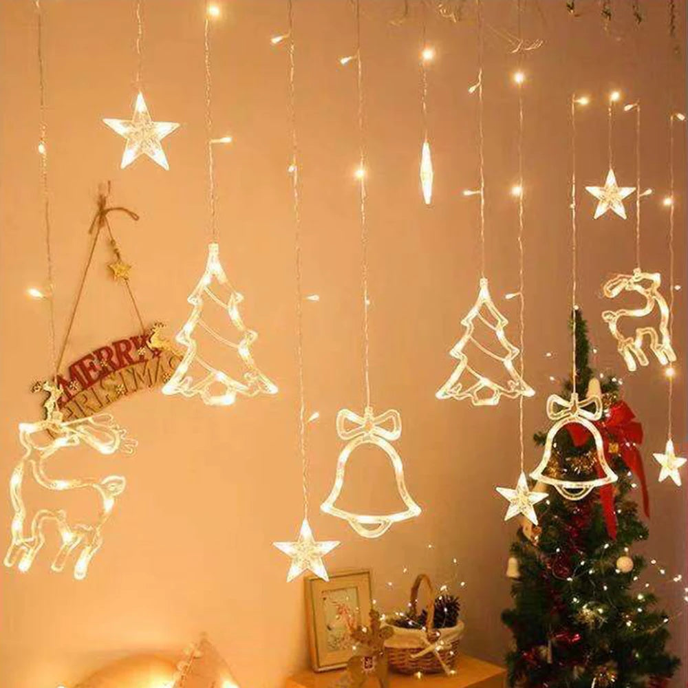 Led Christmas Lights Star Deer Bells Tree Garland Fairy Curtain String Light for  New Year Party