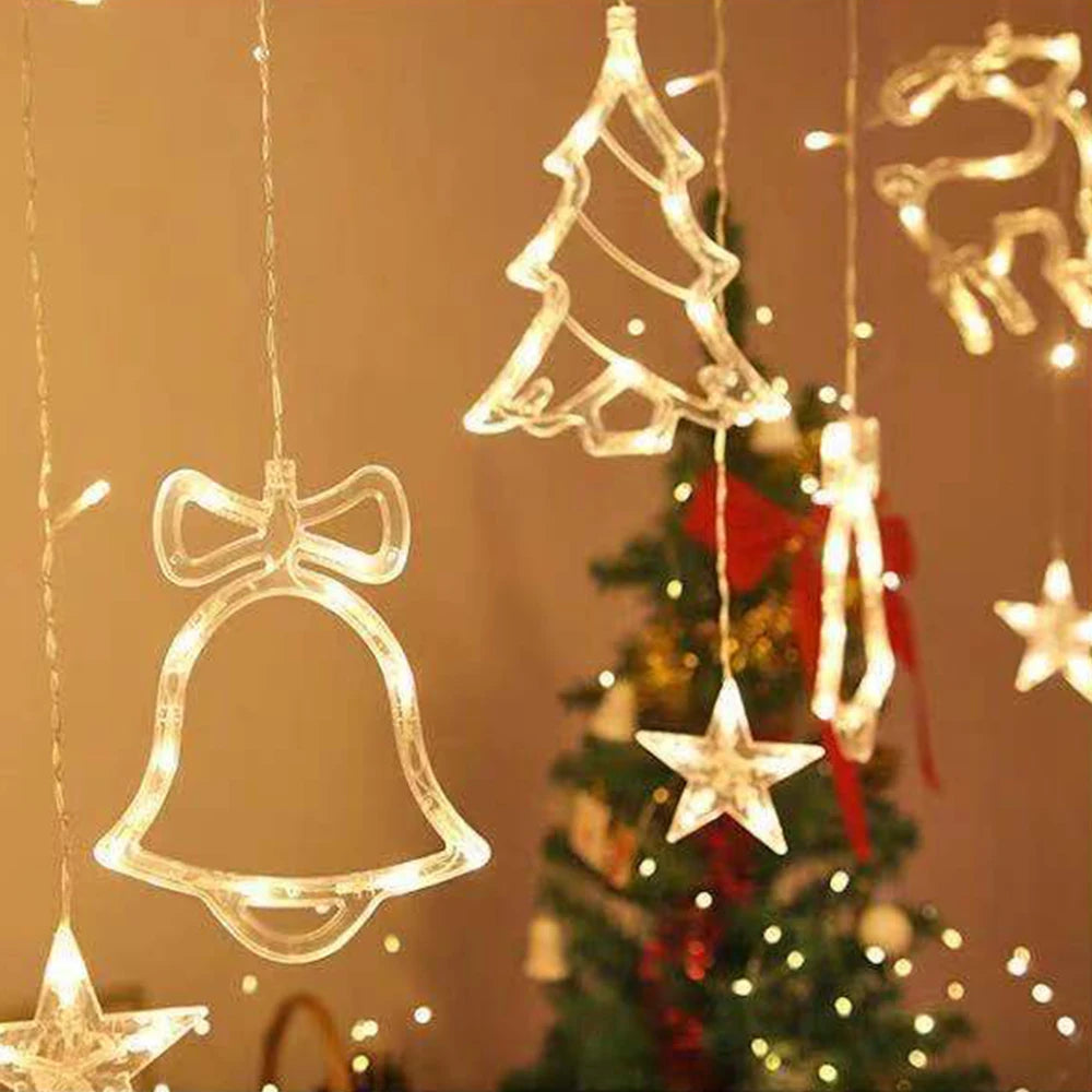 Led Christmas Lights Star Deer Bells Tree Garland Fairy Curtain String Light for  New Year Party