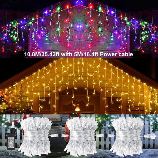 10.8M Christmas Lights Outdoor Curtain Fairy Lights 72 Drops New Year Decoration LED Icicle Lights+5M Lead Wire String Lights