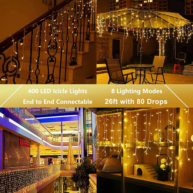 Christmas Decorations LED Curtain Lights 8 Modes 5-25m Outdoor Icicle Lights House Decors