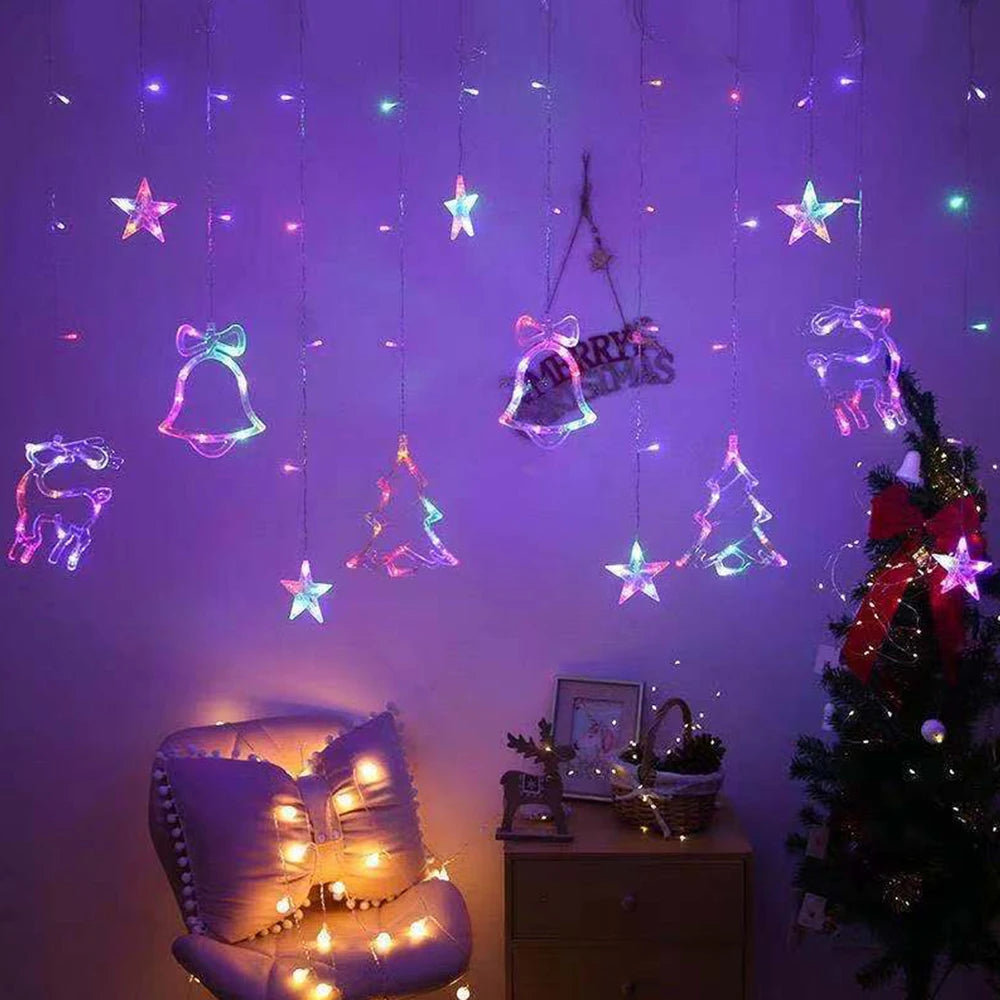 Led Christmas Lights Star Deer Bells Tree Garland Fairy Curtain String Light for  New Year Party