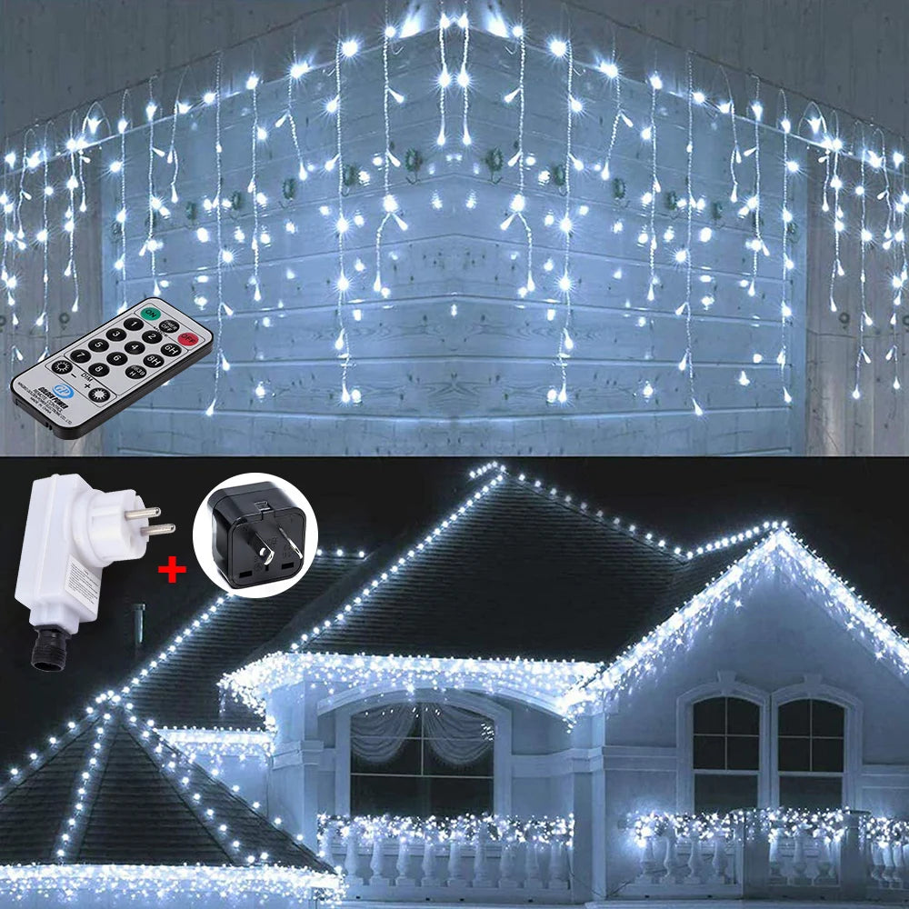 10.8M Christmas Lights Outdoor Curtain Fairy Lights 72 Drops New Year Decoration LED Icicle Lights+5M Lead Wire String Lights