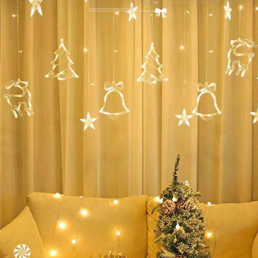 Led Christmas Lights Star Deer Bells Tree Garland Fairy Curtain String Light for  New Year Party