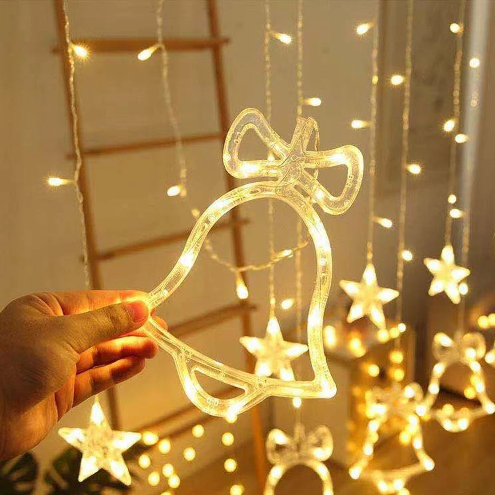 Led Christmas Lights Star Deer Bells Tree Garland Fairy Curtain String Light for  New Year Party