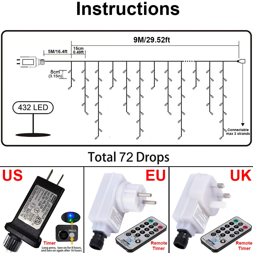 10.8M Christmas Lights Outdoor Curtain Fairy Lights 72 Drops New Year Decoration LED Icicle Lights+5M Lead Wire String Lights