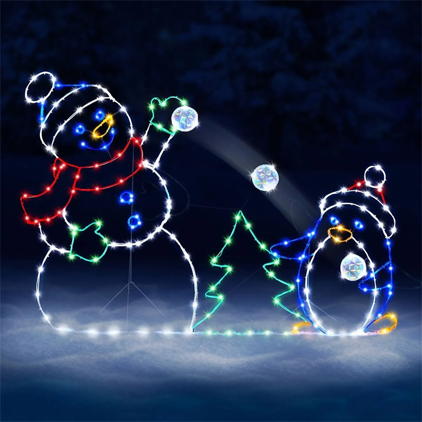 Christmas Outdoor Garden Snow Glowing Decorative Sign Fun Animated Snowball Fight Active Light String Frame Decor Holiday Party