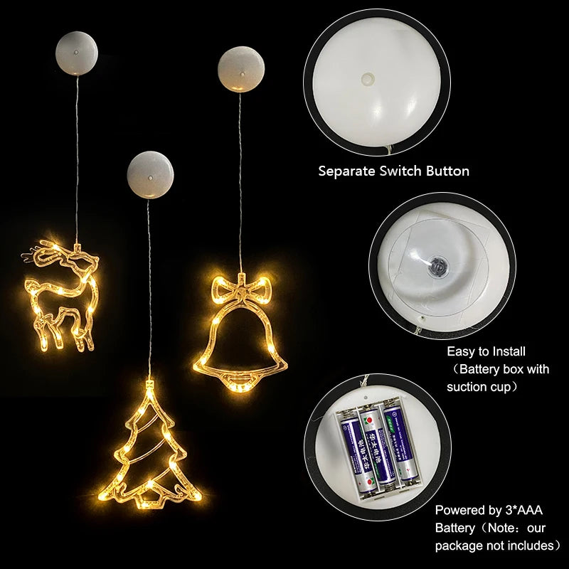 Christmas LED Light Snowflake Santa Deer Hanging Sucker Lamp Window Ornaments Decoration for Home