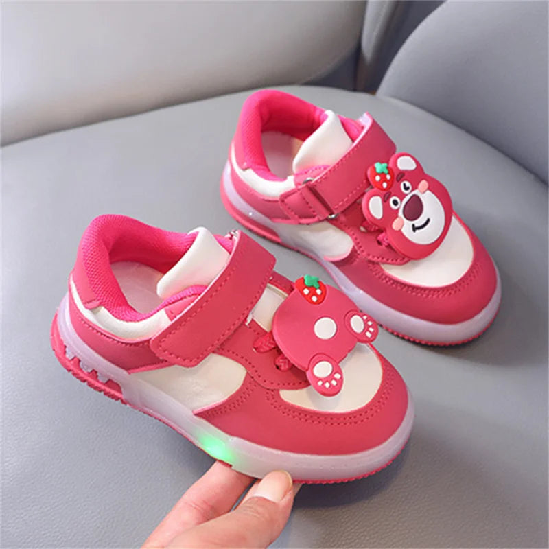 Disney Children's Sports Shoes Led Lights Sneaker Cartoon Lotso PU Leather Girls' Pink Children's Running Shoes Size 21-30