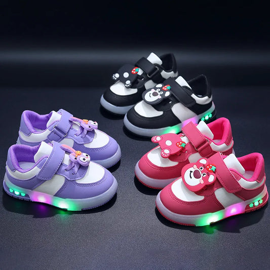 Disney Children's Sports Shoes Led Lights Sneaker Cartoon Lotso PU Leather Girls' Pink Children's Running Shoes Size 21-30