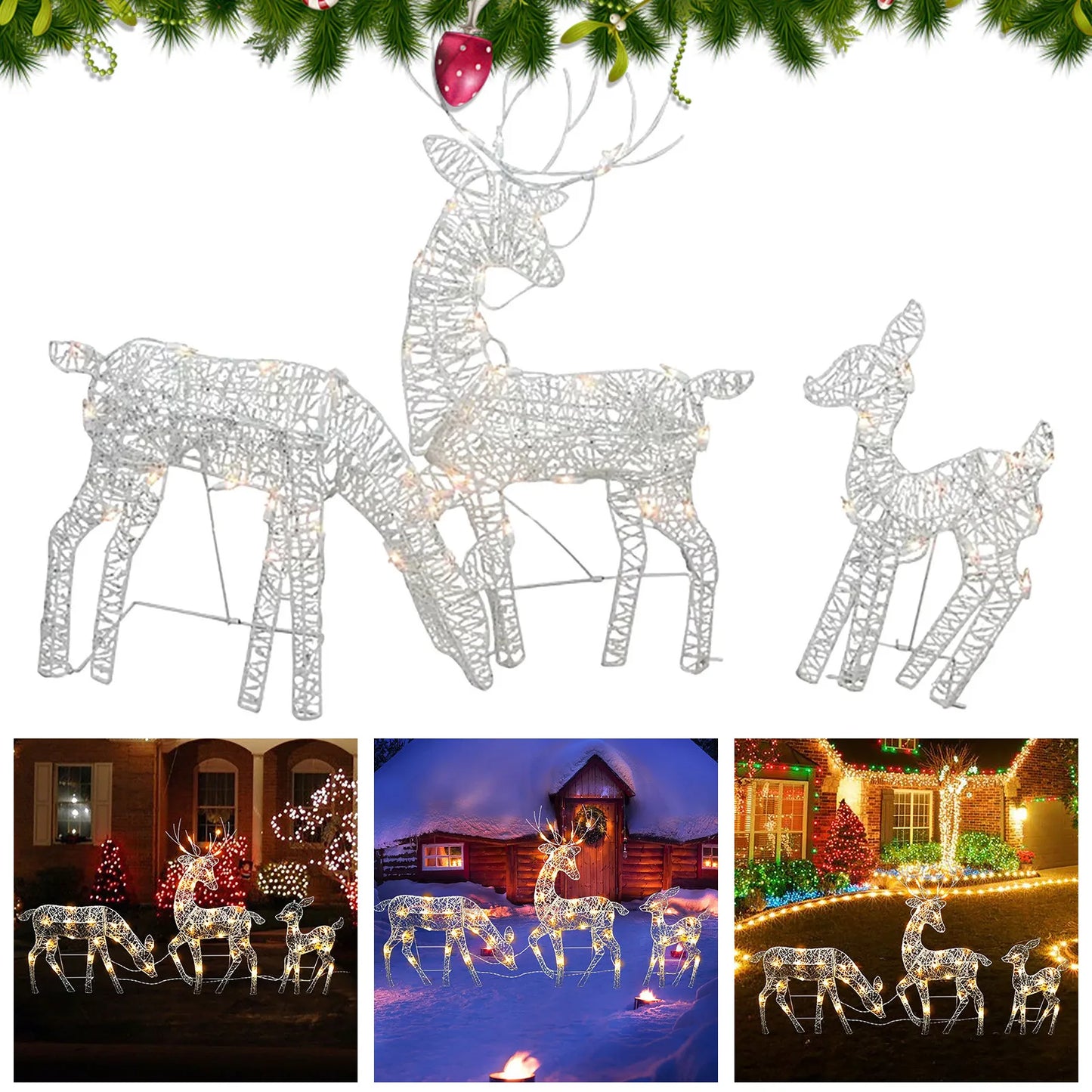 3Pc Lighted Deer Reindeer Family Lighted Deer Christmas Decor With Led Lights