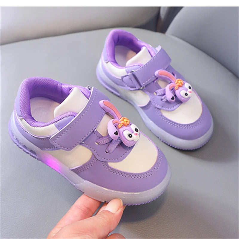 Disney Children's Sports Shoes Led Lights Sneaker Cartoon Lotso PU Leather Girls' Pink Children's Running Shoes Size 21-30