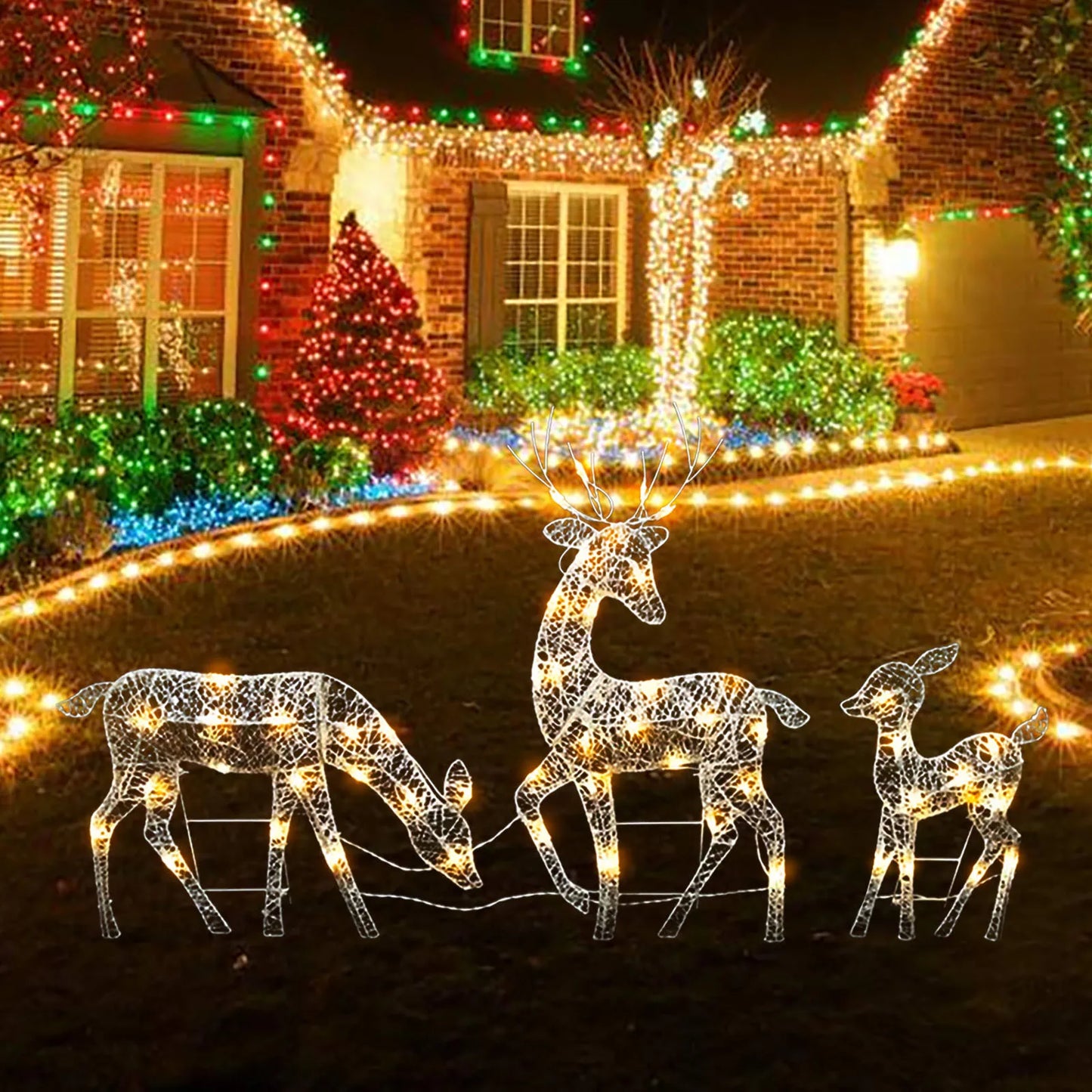 3Pc Lighted Deer Reindeer Family Lighted Deer Christmas Decor With Led Lights