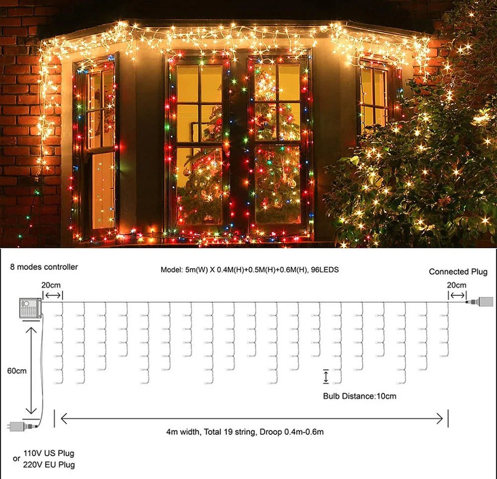 5M Christmas Garland LED Curtain Icicle String Lights Droop 0.4-0.6m AC 220V Garden Street Outdoor Decorative Holiday Light