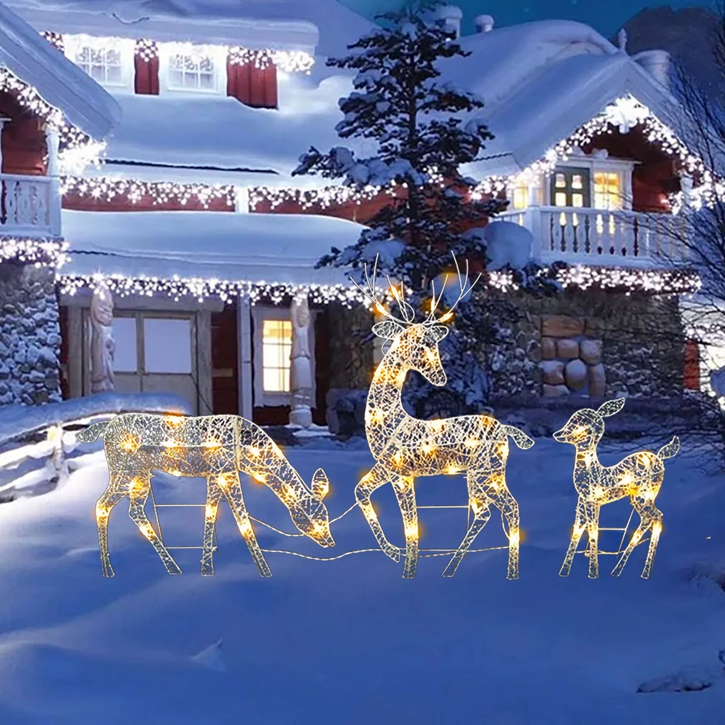 3Pc Lighted Deer Reindeer Family Lighted Deer Christmas Decor With Led Lights