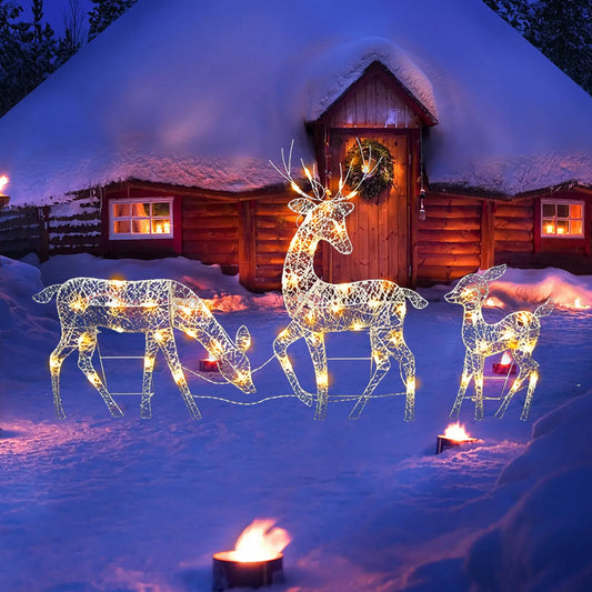 3Pc Lighted Deer Reindeer Family Lighted Deer Christmas Decor With Led Lights