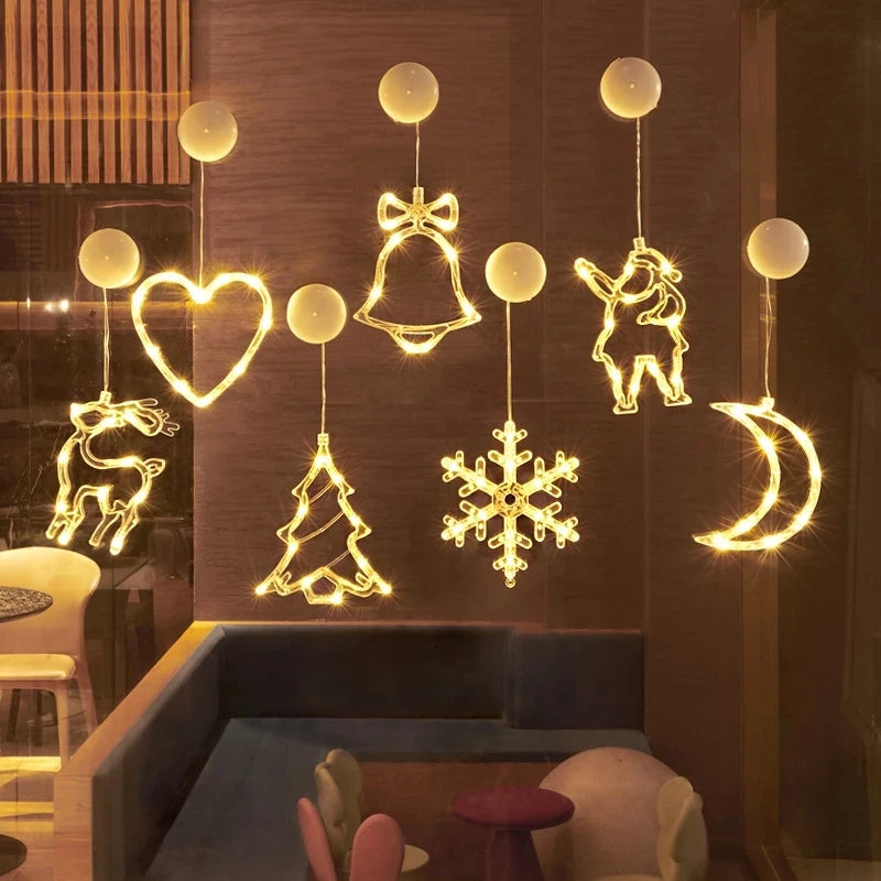 Christmas LED Light Snowflake Santa Deer Hanging Sucker Lamp Window Ornaments Decoration for Home