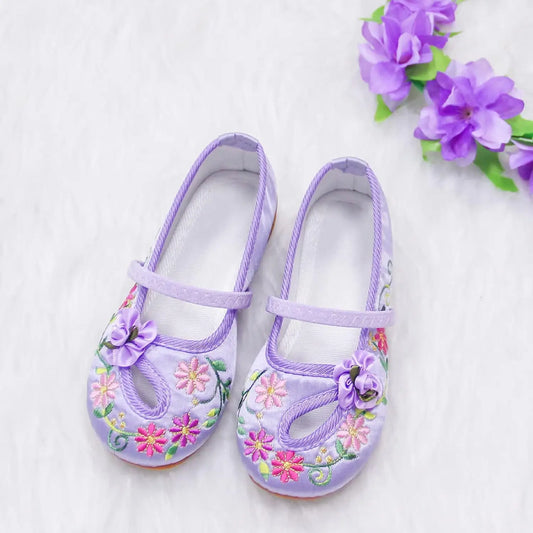 Kids Girl Shoes Dress Up Floral Flats Embroidery Wear Comfortably Chinese Style Children's Baby Shoes Protective Foot Size 25-34